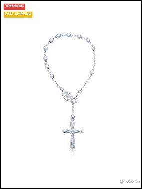 Sterling Silver Rosary Bead Bracelet Crucifix Charm Christian Jewelry Gift